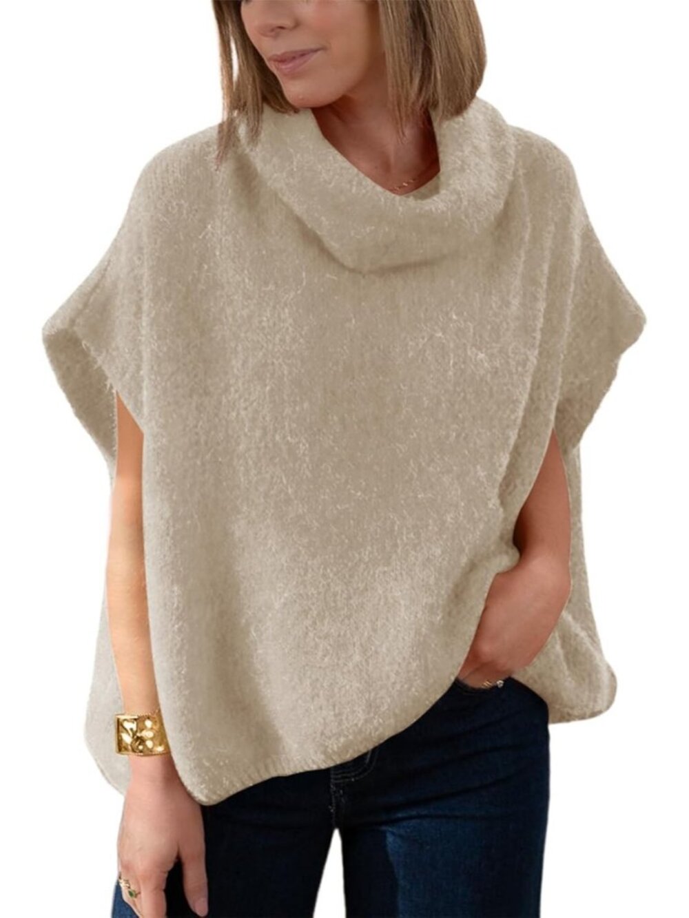 Women's Beige Short Batwing Sleeve Loose Fit Lightweight Turtleneck Sweaters - Picture 2 of 7